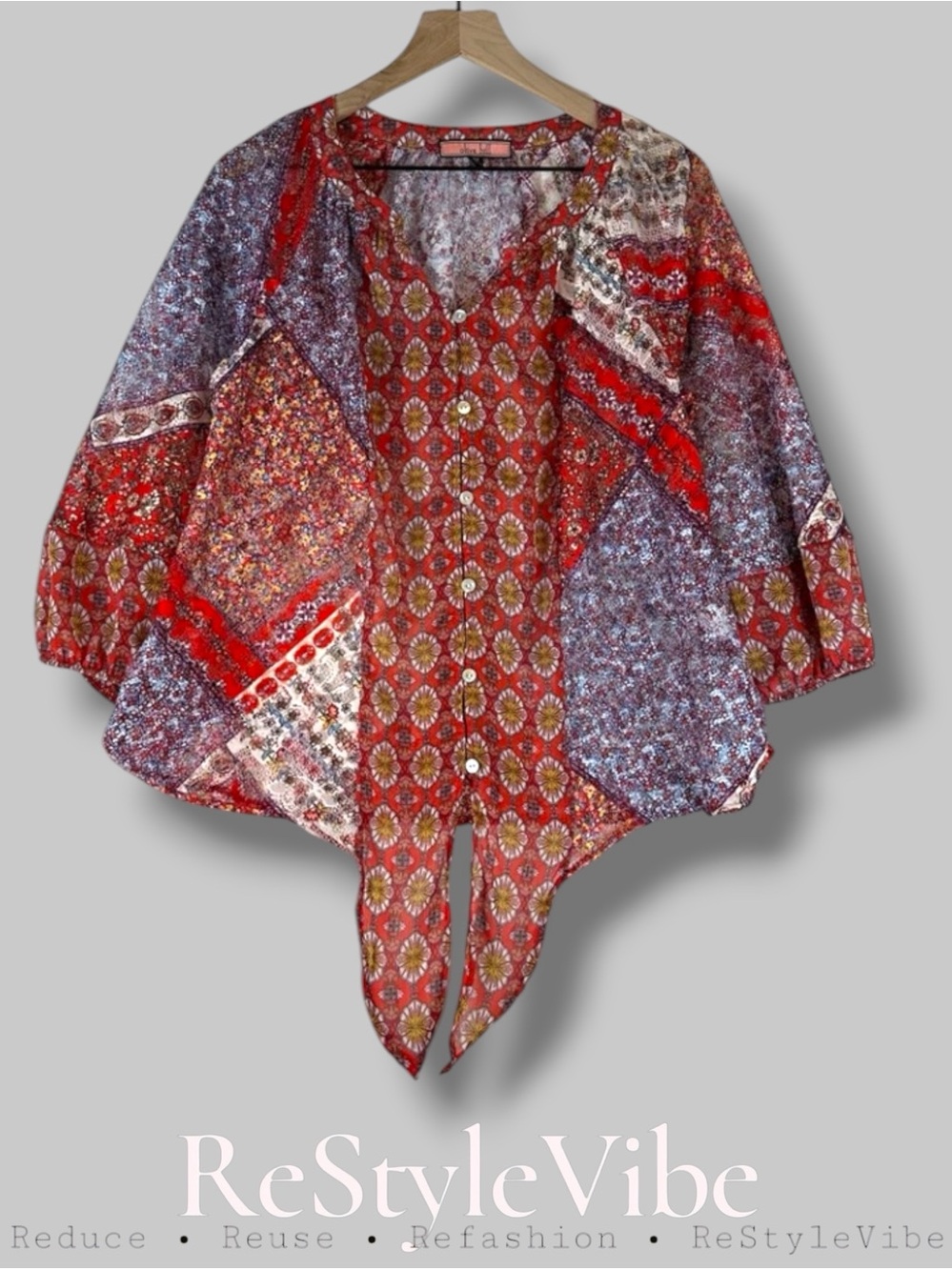 OLIVE HILL Women’s Size M Top Shirt Blouse Floral Lace Style Bohemian Patchwork